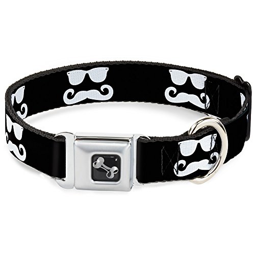 Buckle-Down Seatbelt Buckle Dog Collar - Sunglasses & Mustache Black/White - 1"…