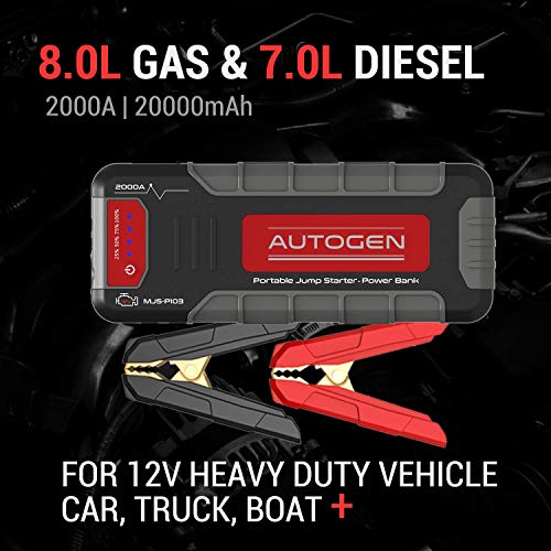 AUTOGEN 2000A Portable Car Jump Starter, 12V Lithium Battery Charger with USB Quick Charge 3.0, 74WH High Power Bank Battery Jumper Box Pack Booster for Cars Trucks SUV