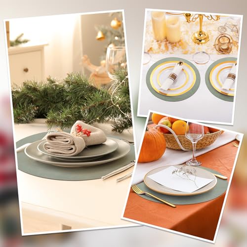 comfoyar Set of 6 American Placemats and Coasters Double Side Green White Round, Non-Slip Leather American Placemats Washable and Waterproof for Kitchen, Party Table 33 x 33 cm
