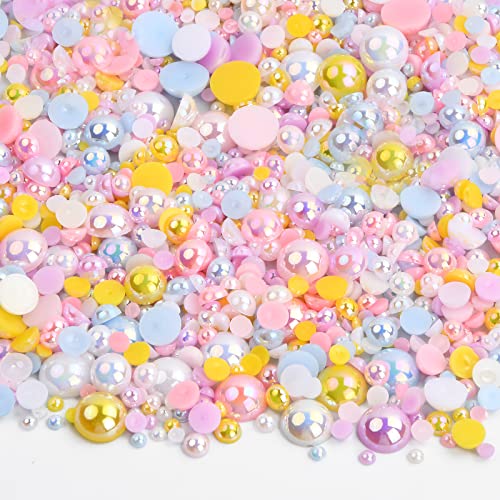 Xzeemo 2010PCS Flat Back Pearls, Half Round Pearls Mixed Color, Glossy Cabochon Beads, Loose Beads, Jewelry Embellishments, Flat Back Craft Beads for Nail Phone Case Scrapbook Decoration, 6 Sizes (E)