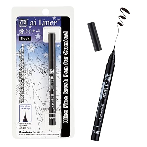 Zig Kuretake ai Liner, Ultra fine Brush tip pen, Black, Perfect for Delicate Expressions in Illustration, Manga, lettering, Made in Japan