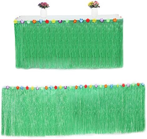 MyCreator Hawaiian Luau Grass Table Skirt with Hibiscus Flowers Includes 9 Pairs Fasteners Perfect for Beach Tiki Tropical Island Moana Party Luau Decoration by (Green)