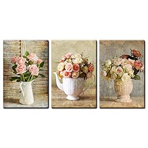 3 Panel Canvas Wall Art - Retro Style White and Pink Roses - Giclee Print Gallery Wrap Modern Home Art Ready to Hang - 16"x24" x 3 Panels