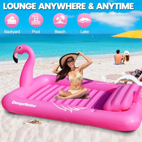 DeeprBetter Swimming Pool Mat for Adults, Flamenco Inflatable Pool Mat with Coasters, Large Inflatable Pool Mat 205 x 150 cm, Floats for Adults Pools with Pillow Beach Mats