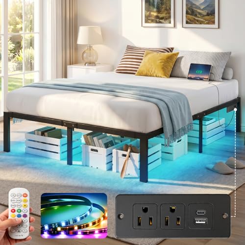FURRIFIC Base Cama Matrimonial con Lámpara LED RGB Inteligente–2 Puertos USB + 2 Enchufes de CA, Control por App y Remoto, Espacio de Almacenamiento Debajo de la Cama, Marco Resistente