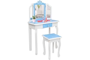 VASITELAN Kids Vanity Table and Chair Set, Girls Vanity Set with Mirror and Stool, Tri-Folding Mirror, Makeup Dressing Princess Table with Drawer, Kids Vanity Set with Mirror (Blue)
