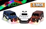 Replacement Toy Car Blue, Red and White Jeeps (3-Pack) with 3 LED Lights Compatible with Most Tracks Including Magic Tracks for Boys and Girls