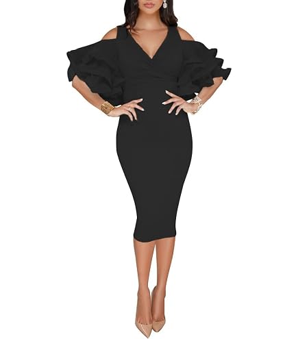VERWIN Long Sleeve Round Neck Patchwork Plain Women's Bodycon Dress Flare Sleeve Midi Dress M Red at Amazon Women's Clothing store
