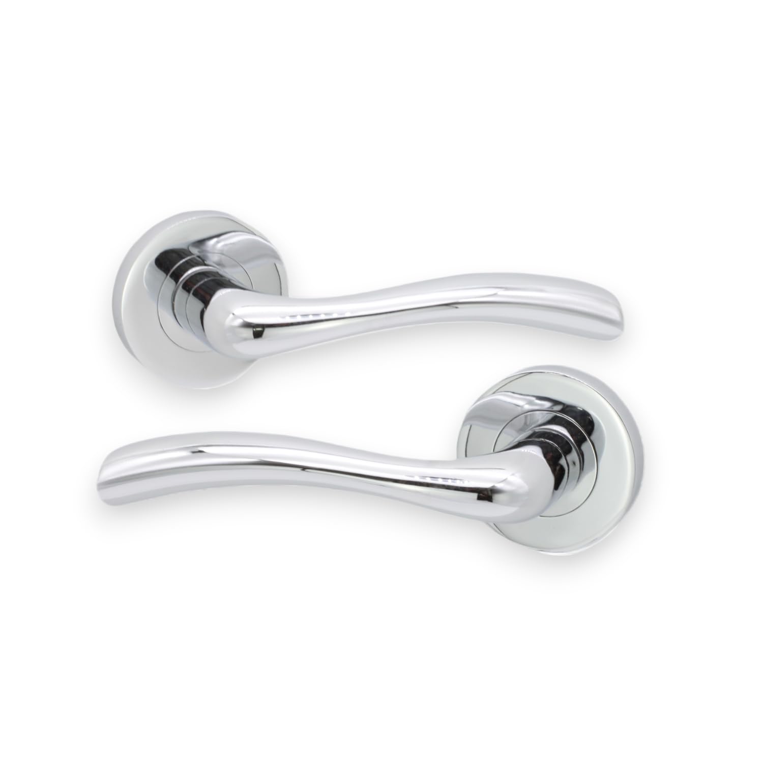 Infinity Decor Zune Solid Brass Curved Lever Latch Door Handles on Round Rose Pair, Polished Chrome - Ideal for Interior & Exterior Use