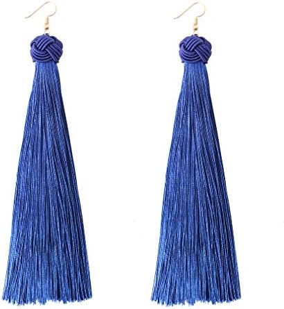 VOGUEKNOCK Tassel Earrings Long Thread Tassel Dangle Earrings Knotted Top Tassel Drop Dangle Earrings Hook Royal Blue