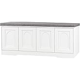 DINZI LVJ Shoe Storage Bench with Cushion, Door, White 47.2" LX17.7 H | Entryway Bench, 2-Tier Cabinet Bench, Widened Cubby, Fully Adjustable Shelves for Boots, Easy Assembly, Farmhouse, Bedroom