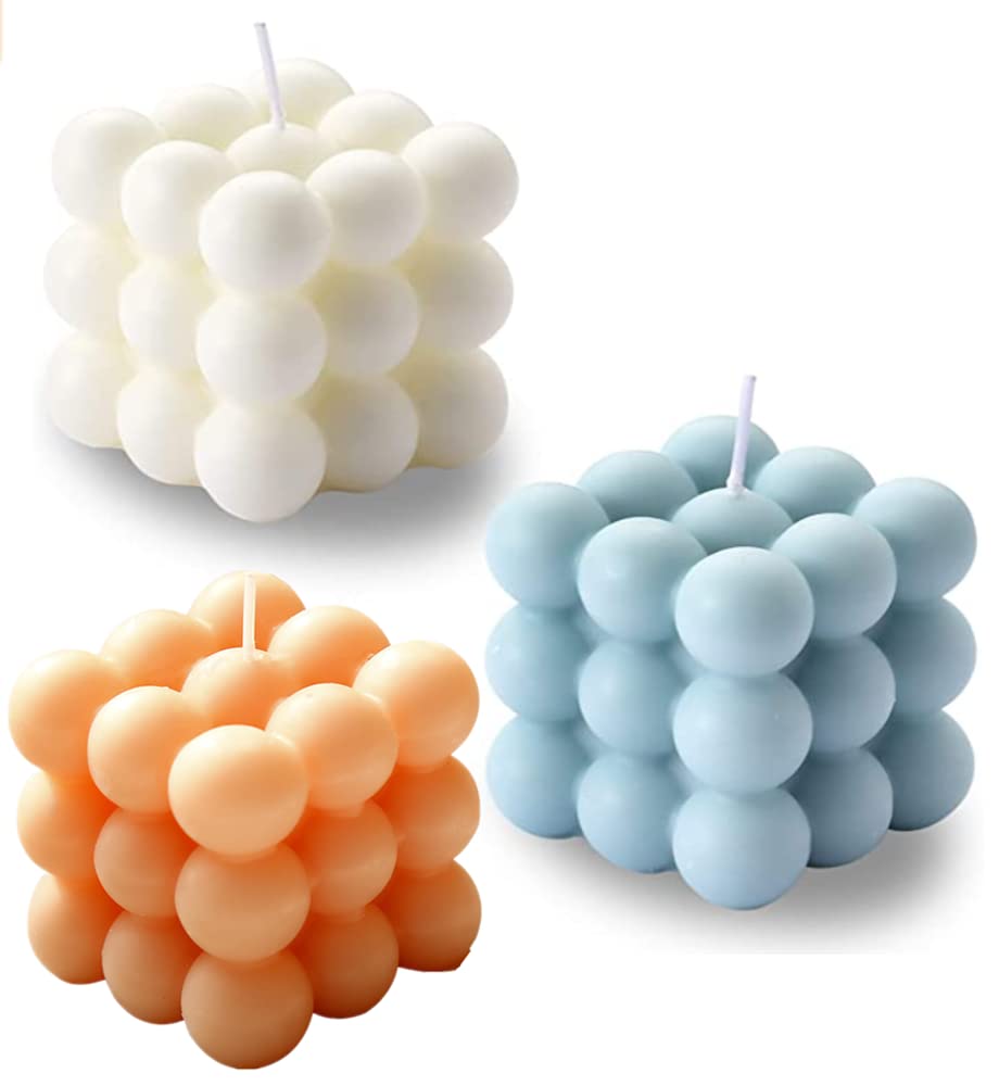 NatureMan Bubble Candles-Cube Soy Wax Candles, Home Aesthetics Decoration Candles, Handmade Scented Candle Set 3Pieces, Home Use or Gifting(White+Pink+Blue)