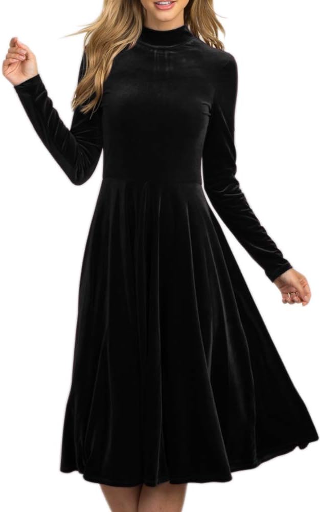 LAICIGO Women’s Retro Velvet Midi Dress Mock Neck Long Sleeve Pleated Elegant A-line Dresses