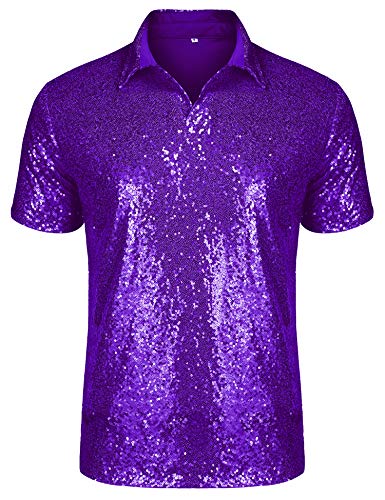 URRU Men's Relaxed Short Sleeve Turndown Sparkle Sequins Polo Shirts 70s Disco Nightclub Party T-Shirts Tops Purple L