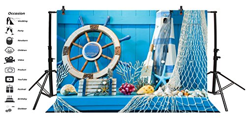 LFEEY 5x3ft Blue Wooden Wall Nautical Birthday Backdrop Seashells Sailing Ship Wheel Helm Fishing Net Starfish Summer Party Photography Background for Events Videos YouTube Photo Studio Props