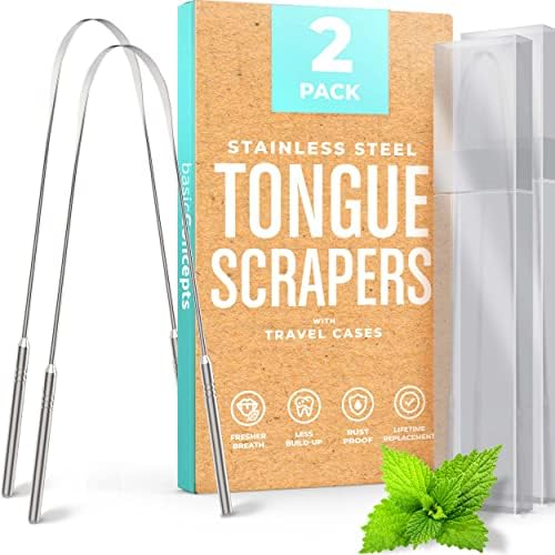 BASIC CONCEPTS Tongue Scraper (2 Pack), Reduce Bad Breath (Travel Cases