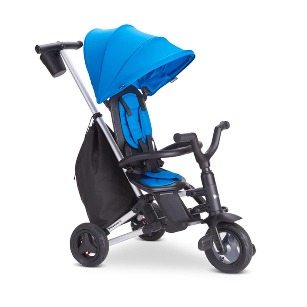 Joovy Tricycoo UL Kids Tricycle with 8 Stages Featuring 3 Rubber Tires, Removable and Adjustable Parent Handle, Safety Harness, 3-Position Recline Seat, and Retractable Canopy, Blueness