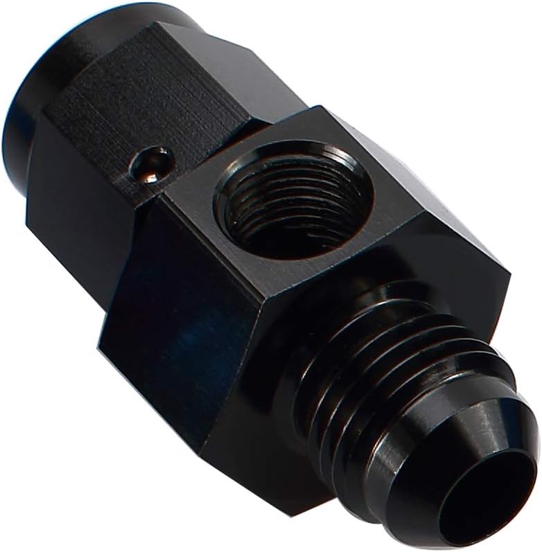 Aluminum -8 AN Male Flare to -8 AN Female Swivel with 1/8" NPT Sensor Gauge/Gage Port Fitting, Pressure Take Off, Black