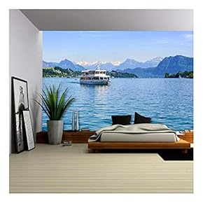 Cruise Ship in Front of Snow Covered Alps Mountains Peaks on Lake Lucerne, Central Switzerland - Removable Wall Mural | Self-Adhesive Large Wallpaper - 66x96 inches