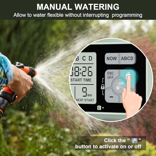 Watering Timer 4 Zone with Brass Inlet, Sprinkler Timer, Programmable Garden Outdoor Hose Faucet Timer with Rain Delay, Auto & Manual Watering System for Garden Lawn