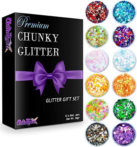 Ontaryon Set of 12 Mixed Glitter Pots - Decorative Body Cosmetic For Face, Eyes, Nails, Hair and Body - Easy to apply Chunky Glitter Ideal for Parties & Festivals
