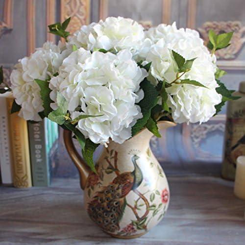 (1 Bouquet 1 Head 2 Leaves) Artificial Silke Fake Plastic Hydrangea Flowers for Wedding Bridal Garden Party Decoration Color White