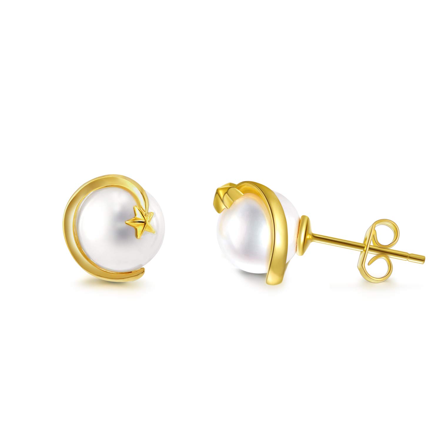 AOBOCO Moon and Star Stud Earrings Pearl Earrings for Women 925 Sterling Silver Earrings with Pearl Jewellery Gifts for Women Girls Girlfriend