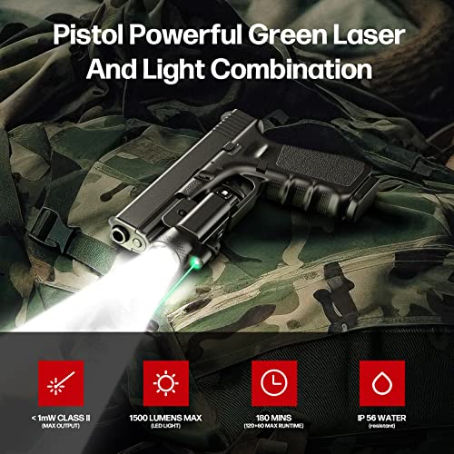 SUPREUN 1500 Lumen Pistol Light,Tactical Flashlight Green Laser and White LED Combo with Weaponlight Tactical Strobe,Magnetic USB Rechargeable,Compatible with 1913 or GL Rail, Built-in Battery