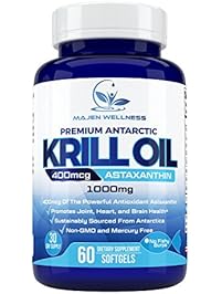 Pure Antarctic Krill Oil 1000mg Per Serving | Astaxanthin | Omega 3 | DHA | Phospholipids | Cold Pressed For Maximum Nutrients | Higher Absorption Than Fish Oil | No Mercury |Sustainable Harvested