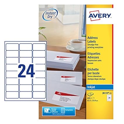 Avery Self Adhesive Address Mailing Labels, Inkjet Printers, 24 Labels per A4 Sheet, 600 labels ...