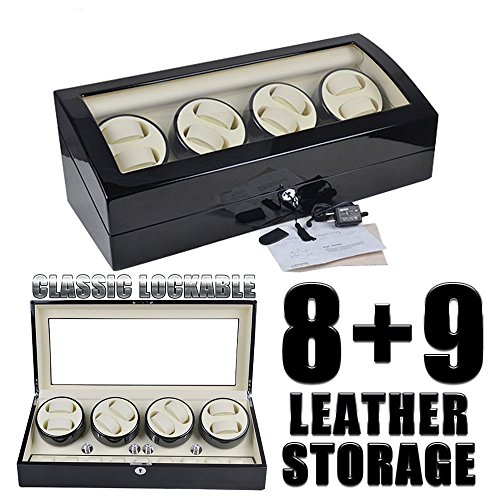 Luxury 8+9 Automatic Rotation Black Wood Leather Watch Winder Storage Display Case Box - Thumbnail 2
