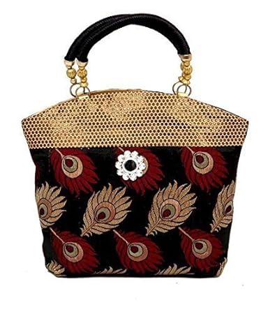DMS RETAIL Brocade Multicolour Peacock Themed Traditional Womens Handbag (10x10-inch)