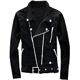 Men's Black Denim Biker Jean Jacket Classic Motorcycle Style Punk Knight Coat with Scratched Zipper Slim Fit Turn-Down Collar