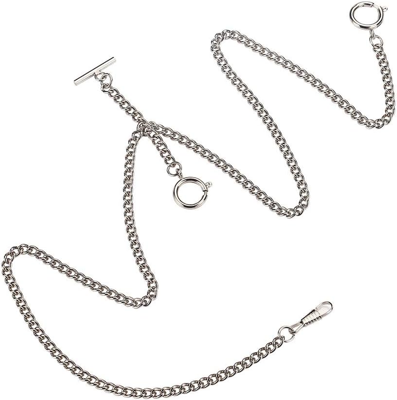 Pocket Watch Double Albert Chain T-Bar Watch Chain Link 16 inch 3 Hook Sliver Classic Antique