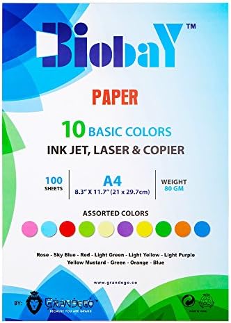 BIOBAY 100 Assorted Color Copy Paper | Convenient Multipack InkJet, Laser & Copier Sized โ 10 Colors, 100 sheets โ A4 Size