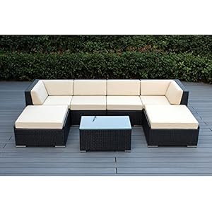 Ohana 7 Piece Outdoor Patio Furniture Sectional Conversation Set Black Wicker With Sunbrella Antique Beige Cushions Beachfront Decor