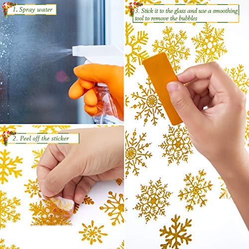 Beautyhero-Christmas-Snowflakes-Clings-Snow-Window-Stickers-Christmas-Decorations-Non-Adhesive-for-Glass-146-x-118-Inches-Gold-and-Silver-Snowflakes-Stickers-Double-Sides-Colors-4-Sheets-176-Pcs