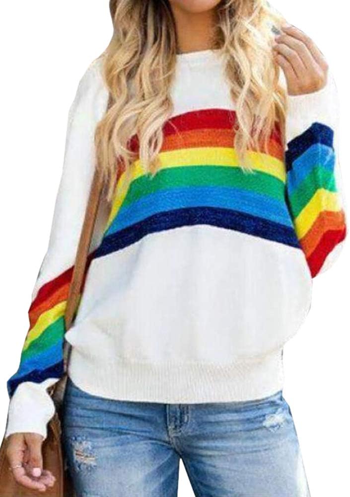 Womens Rainbow Pullover Sweaters Lightweight Long Sleeve Crew Neck Loose Knit Sweater