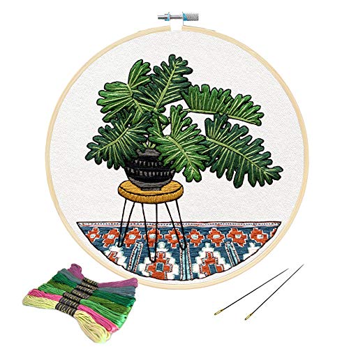 Embroidery Starter Kit with Pattern, Mikimiqi Full Range of Stamped Embroidery Kit Including Embroidery Cloth with Floral Pattern, Bamboo Embroidery Hoop, Color Threads and Tools Kit (Pot Plant)