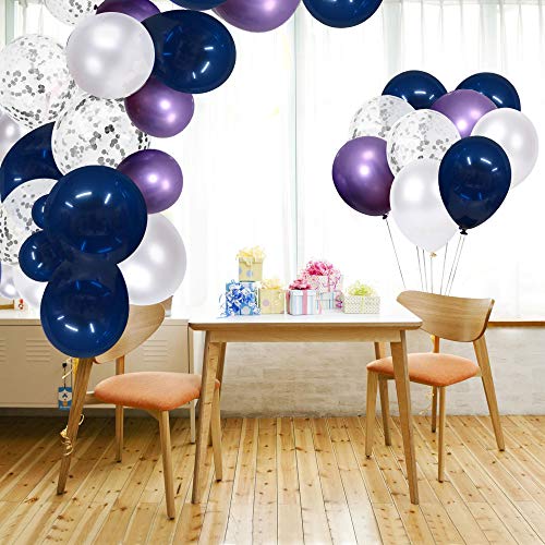 SKYIOL Ballons Bleu Violet Blanc Argenté Confettis Métalliques Ballons Hélium Latex des Décorations Fête de Ruban 10m pour Garçons Filles Enfants Mariage Douche de Bébé, 50 Pièces 30 CM
