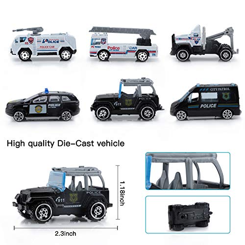 Car Toys Set with Transport Cargo Airplane and Large Play Mat, Mini Educational Vehicle Police Car Set for Kids Toddlers Boys Child Gift for 3 4 5 6 Years Old, 6 Cars, Large Plane, 11 Road Signs