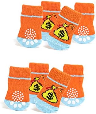 Toy / Small Dog Non Slip 2 sock packs (8 pcs) For Yorkie Pom Maltese Chihuahua (Small Size, orange, blue, dollars)