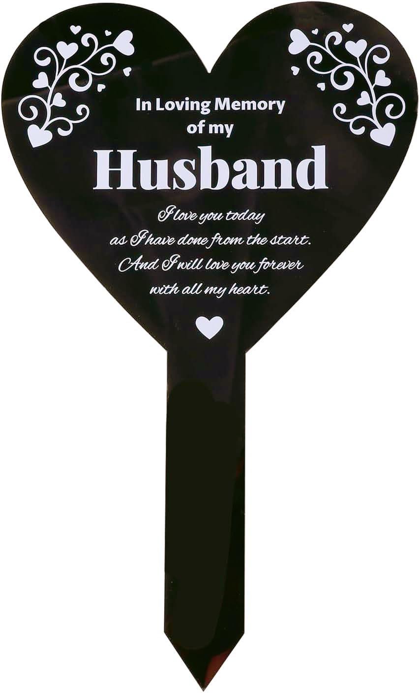 GLOBLELAND Heart Husband Garden Stake for Husband Memorial Remembrance Plaque Stake Cemetery Acrylic Waterproof Sympathy Garden Stakes for Yard Grave Cemetery