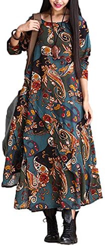 HUAHONG Women's Cotton 3/4 Sleeve Paisley Print Dresses Vintage Long Dress