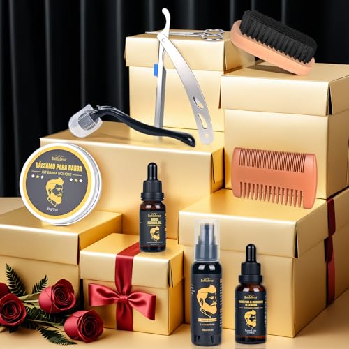 Kit Barba 13 en 1 para Hombre – Cuidado Completo con 2 Aceites para Crecimiento, Limpiador, Acondicionador, Sérum, Bálsamo, Rodillo, Peine y Navaja de Afeitar – Kit para Barba y Regalos para Papá y Novi