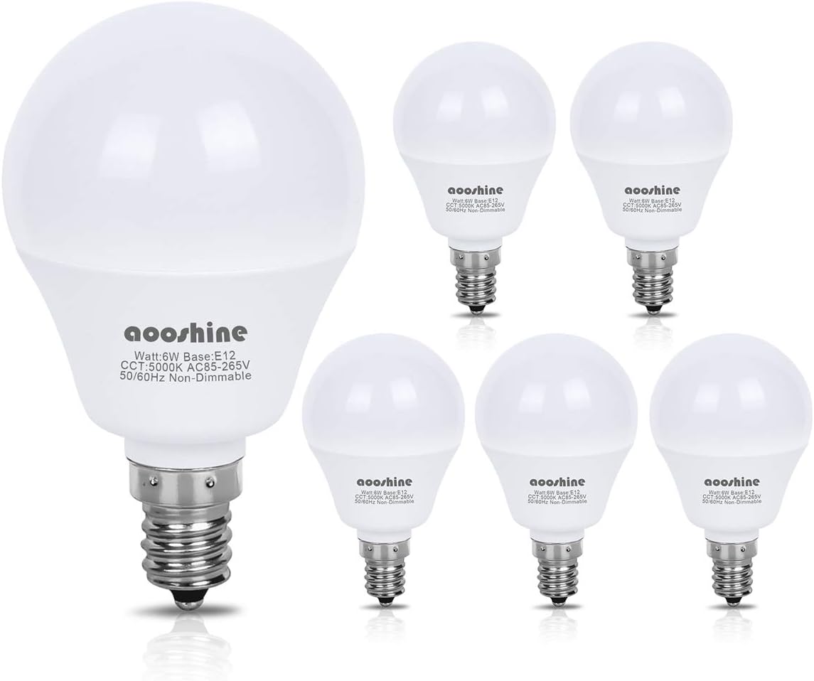E12 LED Bulb 60W Equivalent, Aooshine 6 Watt LED Candelabra Bulb, Daylight White 5000K Decorative A15 LED Bulbs for Ceiling Fan Non-Dimmable(Pack of 6)