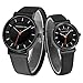 Valentines' Unisex Black Pair Wrist Watches,Romantic His and Hers Simple Casual Wristwatches for Men Women,Genuine Leather Strap Set of 2