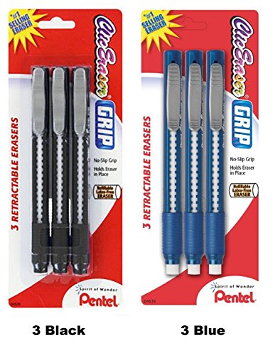 Pentel Clic Eraser Grip Retractable Eraser, Assorted Colors, 3 Black - 3 Blue