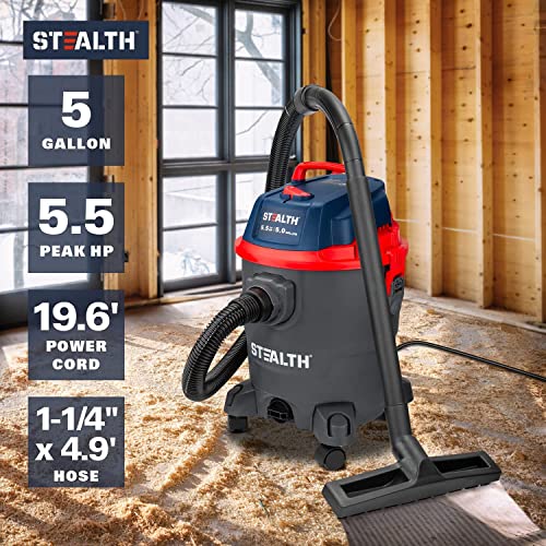 Stealth Wet/Dry Vacuum 5 Gallon, 5.5 Peak HP Shop Vacuum with Blower