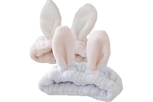 bouti1583 Women Fashion Soft Flannel Bunny Ear Makeup Cosmetic Shower Elastic Headband 2Pcs